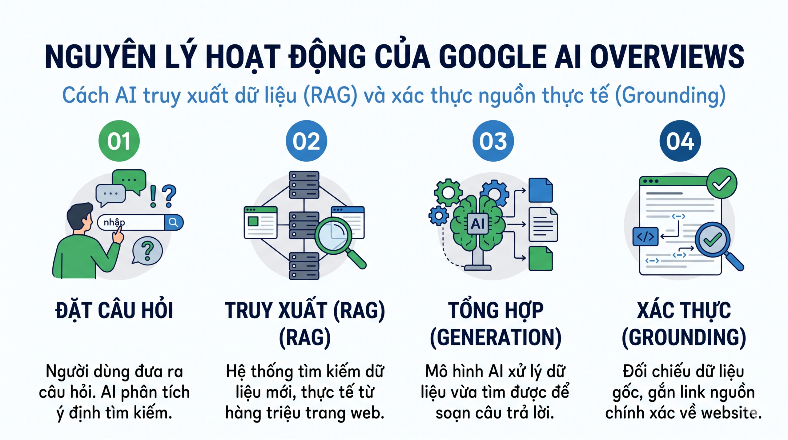 Nguyên lý hoạt động cốt lõi của Google AI Overviews: Kiến trúc RAG và Grounding