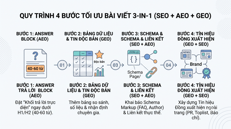 Quy trình 4 bước tối ưu một bài viết chuẩn "3-in-1" (SEO + AEO + GEO)