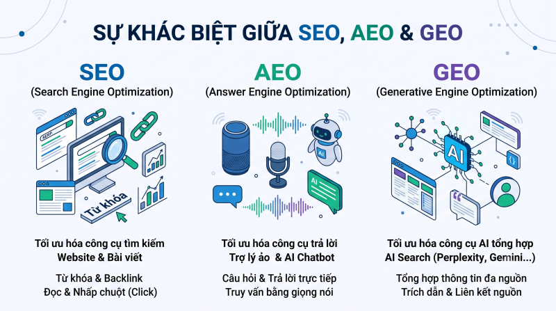SEO, AEO và GEO khác nhau như thế nào? So sánh chi tiết