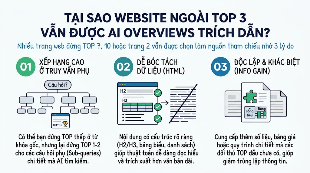 Tại sao website ngoài TOP 3 vẫn được AI Overviews trích dẫn?